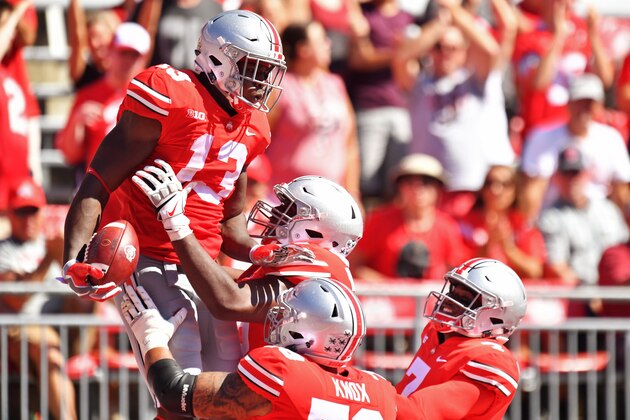 COLUMBUS, OH - SEPTEMBER 23:  Rashod Berry #13 of the Ohio State Buckeyes celebrates in the end zone after scoring a third quarter touchdown against the UNLV Rebels on a 38-yard pass reception at Ohio Stadium on September 23, 2017 in Columbus, Ohio. Ohio State defeated UNLV 54-21.  (Photo by Jamie Sabau/Getty Images)