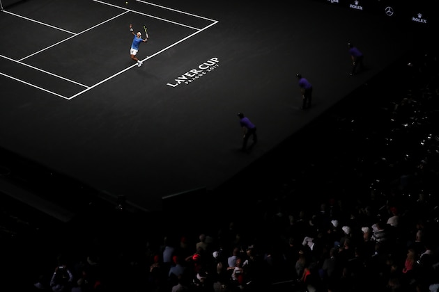 PRAGUE, CZECH REPUBLIC - SEPTEMBER 24:  Rafael Nadal of Team Europe serves during his mens singles match against John Isner of Team World on the final day of the Laver cup on September 24, 2017 in Prague, Czech Republic. The Laver Cup consists of six European players competing against their counterparts from the rest of the World. Europe will be captained by Bjorn Borg and John McEnroe will captain the Rest of the World team. The event runs from 22-24 September.  (Photo by Julian Finney/Getty Images for Laver Cup)