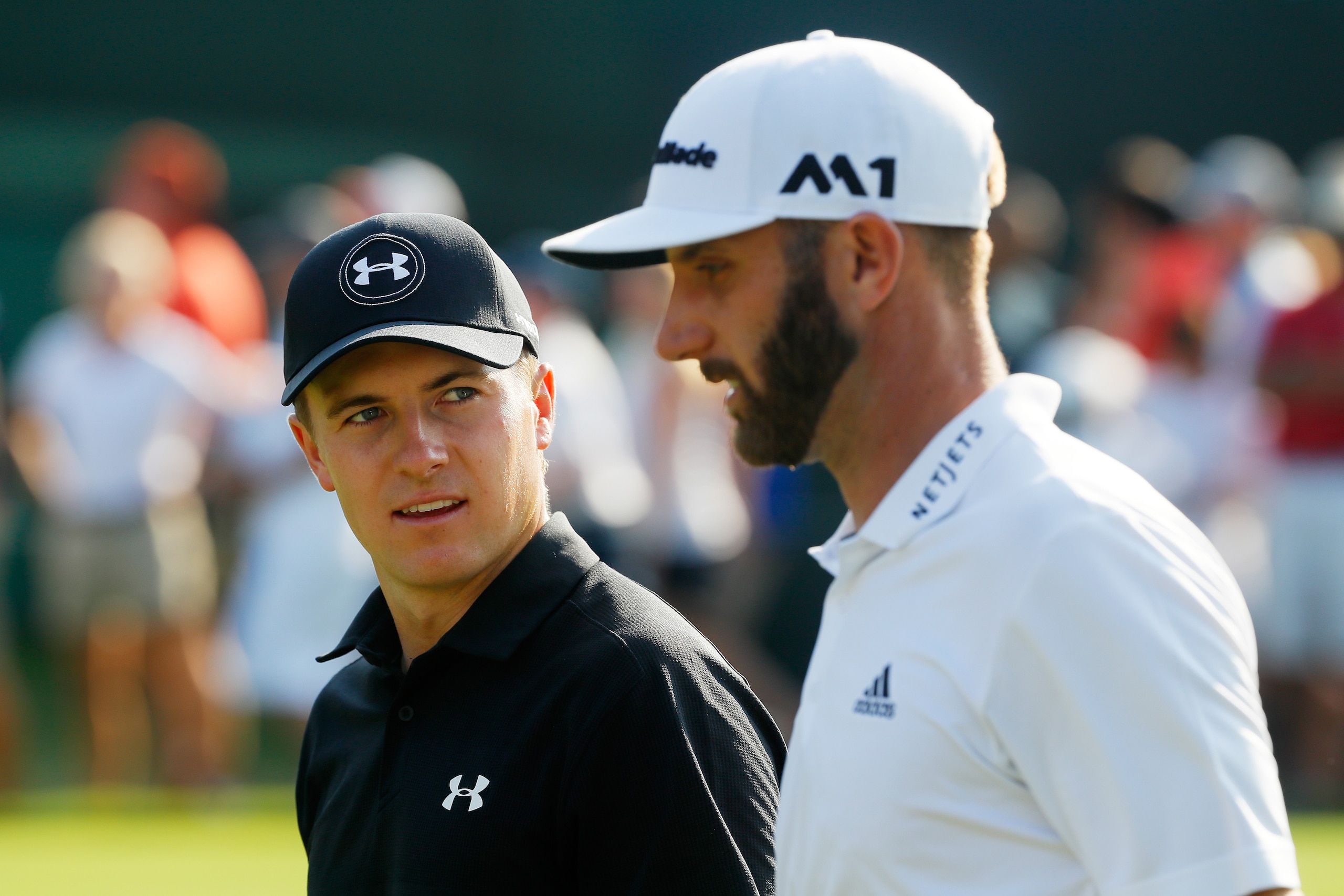ATLANTA, GA - SEPTEMBER 23:  Jordan Spieth of the United States and Dustin Johnson of the United States walk on the 18th hole during the third round of the TOUR Championship at East Lake Golf Club on September 23, 2017 in Atlanta, Georgia.  (Photo by Kevin C. Cox/Getty Images)