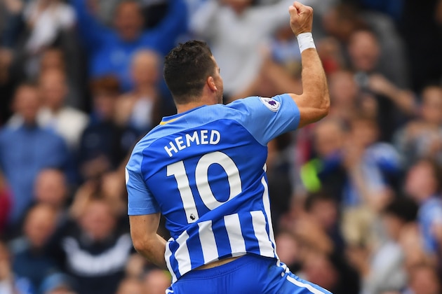 BRIGHTON, ENGLAND - SEPTEMBER 24:  Tomer Hemed of Brighton and Hove Albion celebrates as he scores their first goal during the Premier League match between Brighton and Hove Albion and Newcastle United at Amex Stadium on September 24, 2017 in Brighton, England.  (Photo by Mike Hewitt/Getty Images)