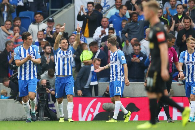 BRIGHTON, ENGLAND - SEPTEMBER 24:  Tomer Hemed of Brighton and Hove Albion (2L) celebrates as he scores their first goal during the Premier League match between Brighton and Hove Albion and Newcastle United at Amex Stadium on September 24, 2017 in Brighton, England.  (Photo by Steve Bardens/Getty Images)