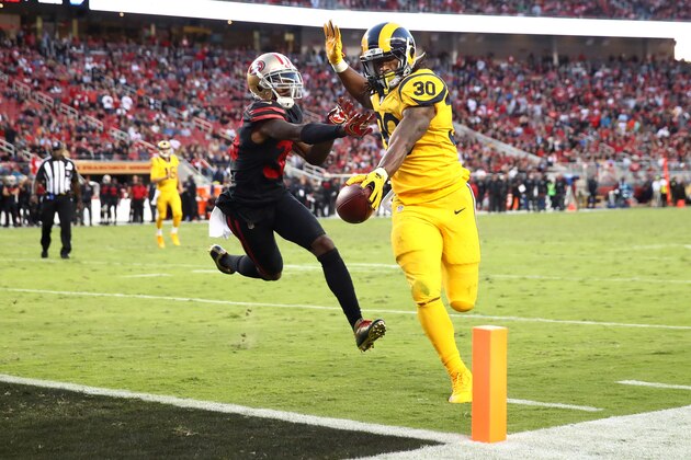 SANTA CLARA, CA - SEPTEMBER 21:  Todd Gurley #30 of the Los Angeles Rams rushes for a touchdown against the San Francisco 49ers during their NFL game at Levi's Stadium on September 21, 2017 in Santa Clara, California.  (Photo by Ezra Shaw/Getty Images)