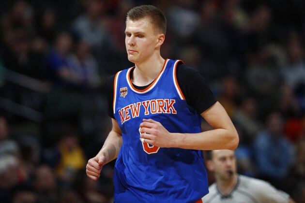 New York Knicks forward Kristaps Porzingis (6) in the second half of an NBA basketball game Saturday, Dec. 17, 2016, in Denver. The Nuggets won 127-114. (AP Photo/David Zalubowski)