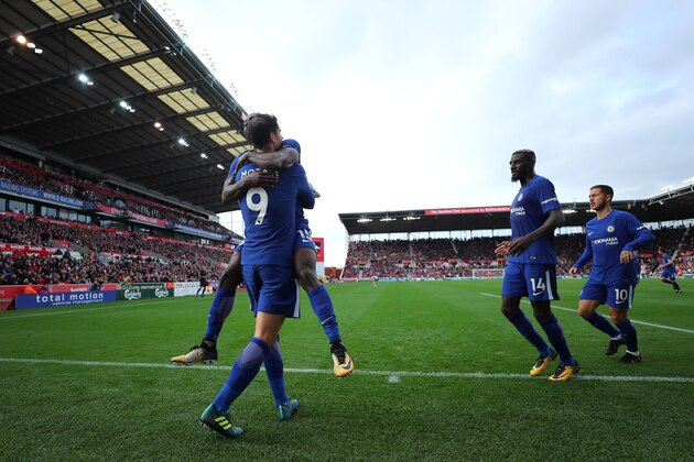 STOKE ON TRENT, ENGLAND - SEPTEMBER 23: Alvaro Morata of Chelsea celebrates scoring the third goal (his second) during the Premier League match between Stoke City and Chelsea at Bet365 Stadium on September 23, 2017 in Stoke on Trent, England. (Photo by Richard Heathcote/Getty Images)