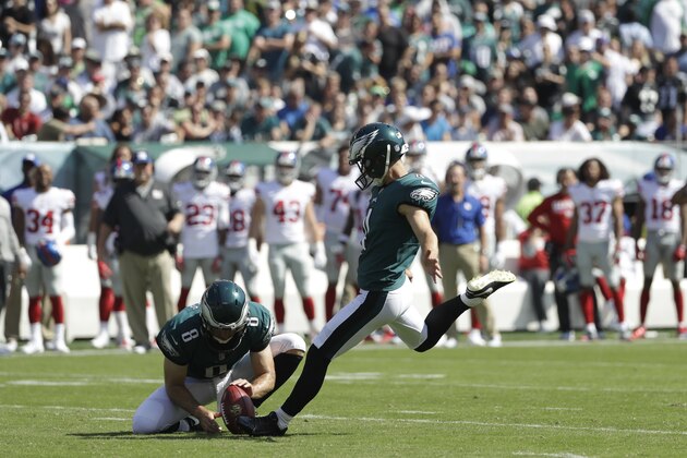 Philadelphia Eagles' Jake Elliott kicks an extra point during the first half of an NFL football game against the New York Giants, Sunday, Sept. 24, 2017, in Philadelphia. (AP Photo/Michael Perez)