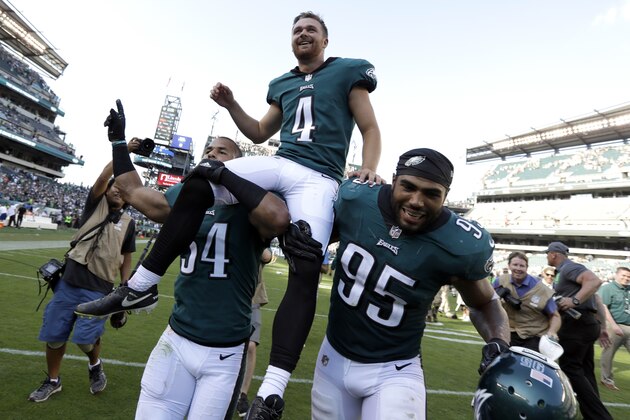 Philadelphia Eagles' Jake Elliott is carried off the field after kicking the game-winning field goal during an NFL football game against the New York Giants, Sunday, Sept. 24, 2017, in Philadelphia. Philadelphia won 27-24. (AP Photo/Michael Perez)