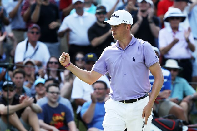 ATLANTA, GA - SEPTEMBER 24:  Justin Thomas of the United States reacts to his birdie on the 16th green during the final round of the TOUR Championship at East Lake Golf Club on September 24, 2017 in Atlanta, Georgia.  (Photo by Sam Greenwood/Getty Images)