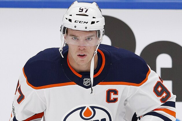 Sep 23, 2017; Edmonton, Alberta, CAN; Edmonton Oilers forward Connor McDavid (97) skates during warmup against the Winnipeg Jets  at Rogers Place. Mandatory Credit: Perry Nelson-USA TODAY Sports
