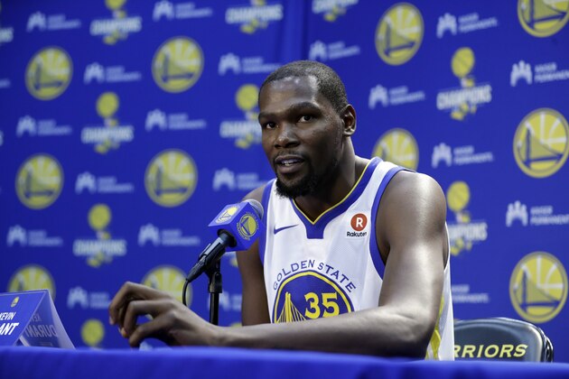 Golden State Warriors' Kevin Durant during NBA basketball team media day Friday, Sept. 22, 2017, in Oakland , Calif. (AP Photo/Marcio Jose Sanchez)