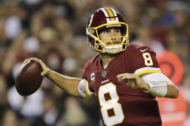 Washington Redskins quarterback Kirk Cousins (8) passes the ball during the first half of an NFL football game against the Oakland Raiders in Landover, Md., Sunday, Sept. 24, 2017. (AP Photo/Mark Tenally)