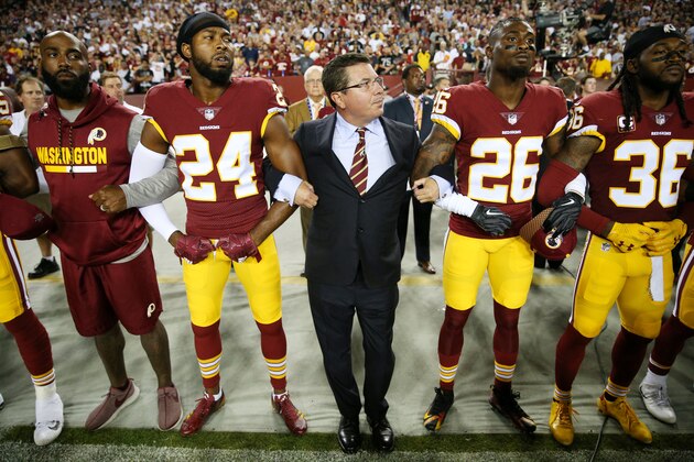 LANDOVER, MD - SEPTEMBER 24: Washington Redskins Owner Daniel Synder stands with cornerback Josh Norman #24 and cornerback Bashaud Breeland #26 during the the national anthem before the game against the Oakland Raiders at FedExField on September 24, 2017 in Landover, Maryland. (Photo by Patrick Smith/Getty Images)