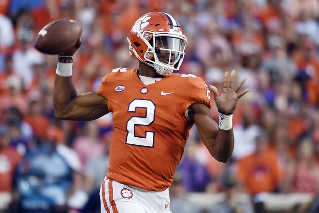 FILE - In this Sept. 9, 2017, file photo, Clemson quarterback Kelly Bryant (2) looks to pass against Auburn during the first half of an NCAA college football game in Clemson, S.C. Bryant has followed a similar path as his predecessor with the Tigers, Deshaun Watson. Bryant's play so far has him headed to where Watson went the past two years, the Heisman Trophy stage and the College Football Playoff. (AP Photo/Rainier Ehrhardt, File)