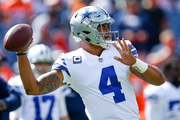 DENVER, CO - SEPTEMBER 17:  Quarterback Dak Prescott #4 of the Dallas Cowboys at Sports Authority Field throws as he warms up before a game against the Denver Broncos at Mile High on September 17, 2017 in Denver, Colorado. (Photo by Justin Edmonds/Getty Images)