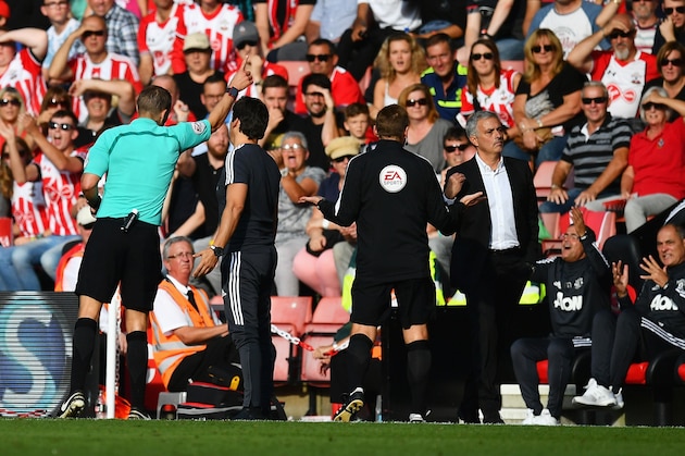SOUTHAMPTON, ENGLAND - SEPTEMBER 23:  Jose Mourinho, Manager of Manchester United gets sent to the stands by referee Craig Pawson during the Premier League match between Southampton and Manchester United at St Mary's Stadium on September 23, 2017 in Southampton, England.  (Photo by Dan Mullan/Getty Images)