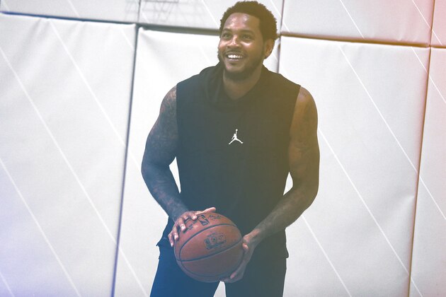 NEW YORK, NY - APRIL 12:  Carmelo Anthony #7 of the New York Knicks hugs the ball before the opening tipoff against the Philadelphia 76ers at Madison Square Garden on April 12, 2017 in New York City. NOTE TO USER: User expressly acknowledges and agrees that, by downloading and or using this Photograph, user is consenting to the terms and conditions of the Getty Images License Agreement  (Photo by Elsa/Getty Images)