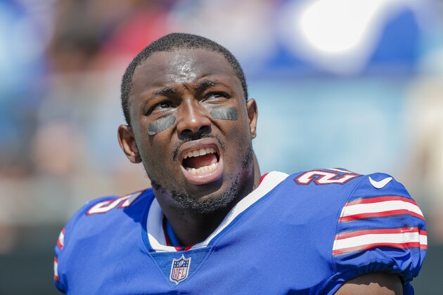 Buffalo Bills' LeSean McCoy (25) on the sidelines during the first half of an NFL football game against the Carolina Panthers in Charlotte, N.C., Sunday, Sept. 17, 2017. The Panthers won 9-3. (AP Photo/Bob Leverone)