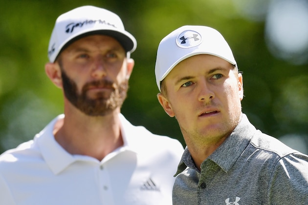 NORTON, MA - SEPTEMBER 01:  Dustin Johnson and Jordan Spieth of the United States stand on the ninth tee during round one of the Dell Technologies Championship at TPC Boston on September 1, 2017 in Norton, Massachusetts.  (Photo by Drew Hallowell/Getty Images)