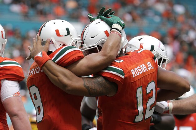 Miami wide receiver Braxton Berrios (8) celebrates with quarterback Malik Rosier (12)after scoring a touchdown during the second half of an NCAA college football game against Bethune-Cookman, Saturday, Sept. 2, 2017, in Miami Gardens, Fla. Miami won 41-13. (AP Photo/Lynne Sladky)