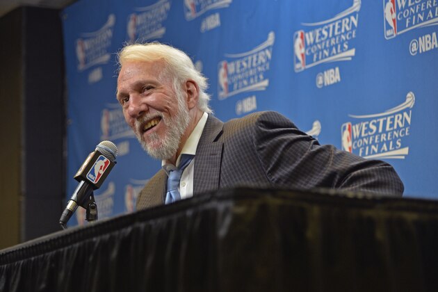 SAN ANTONIO, TX - MAY 22:  Gregg Popovich of the San Antonio Spurs talks to the media during a press conference after Game Four of the Western Conference Finals against the Golden State Warriors during the 2017 NBA Playoffs on May 22, 2017 AT&T Center in San Antonio, Texas. NOTE TO USER: User expressly acknowledges and agrees that, by downloading and or using this photograph, user is consenting to the terms and conditions of the Getty Images License Agreement. Mandatory Copyright Notice: Copyright 2017 NBAE (Photos by Mark Sobhani/NBAE via Getty Images)