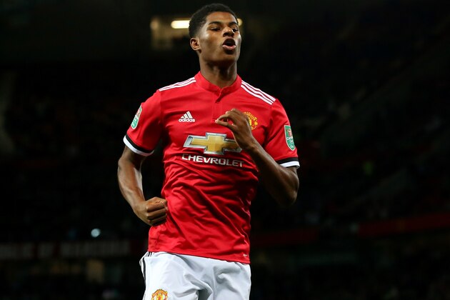 MANCHESTER, ENGLAND - SEPTEMBER 20: Marcus Rashford of Manchester United celebrates scoring his sides first goal during the Carabao Cup Third Round match between Manchester United and Burton Albion at Old Trafford on September 20, 2017 in Manchester, England.  (Photo by Alex Livesey/Getty Images)