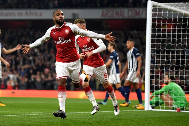 LONDON, ENGLAND - SEPTEMBER 25:  Alexandre Lacazette of Arsenal celebrates as he scores their first goal during the Premier League match between Arsenal and West Bromwich Albion at Emirates Stadium on September 25, 2017 in London, England.  (Photo by Mike Hewitt/Getty Images)