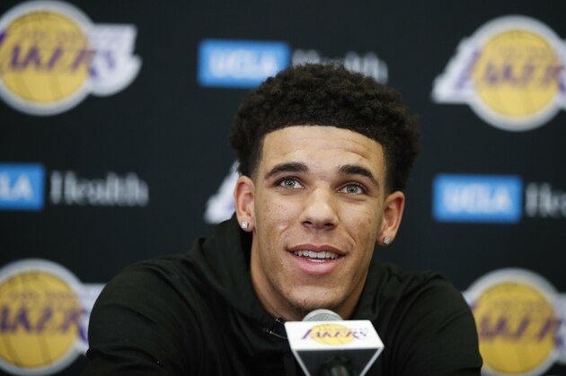 FILE - In this June 23, 2017, file photo, Los Angeles Lakers draft pick Lonzo Ball speaks during a news conference in El Segundo, Calif. In the midst of the worst stretch in franchise history, the Lakers may have finally found the cornerstone of their future.  (AP Photo/Jae C. Hong, File)