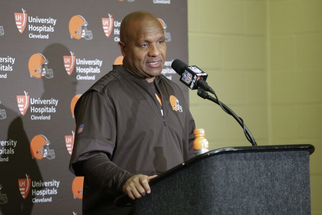 Cleveland Browns head coach Hue Jackson during a press conference following an NFL football game against the Indianapolis Colts in Indianapolis, Sunday, Sept. 24, 2017. The Colts defeated the Browns 31-28. (AP Photo/AJ Mast)