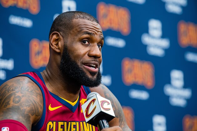 INDEPENDENCE, OH - SEPTEMBER 25: LeBron James #23 of the Cleveland Cavaliers talks to the media during Media Day at Cleveland Clinic Courts on September 25, 2017 in Independence, Ohio. NOTE TO USER: User expressly acknowledges and agrees that, by downloading and/or using this photograph, user is consenting to the terms and conditions of the Getty Images License Agreement. (Photo by Jason Miller/Getty Images)