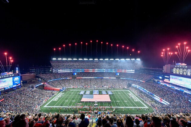 Sep 7, 2017; Foxborough, MA, USA; A general view of the National Anthem at Gillette Stadium before a game between the New England Patriots and the Kansas City Chiefs. Mandatory Credit: Brian Fluharty-USA TODAY Sports
