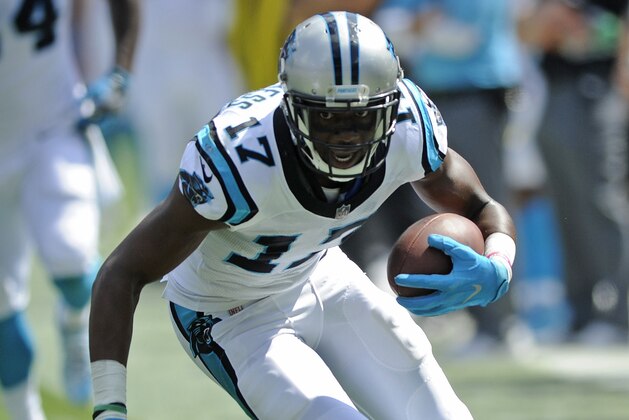 Carolina Panthers' Devin Funchess (17) runs after a catch against the Buffalo Bills in the first half of an NFL football game in Charlotte, N.C., Sunday, Sept. 17, 2017. (AP Photo/Mike McCarn)