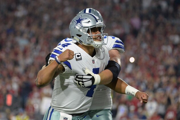 GLENDALE, AZ - SEPTEMBER 25:  Offensive guard Zack Martin #70 reacts with quarterback Dak Prescott #4 of the Dallas Cowboys after scoring on a ten yard run during the second quarter of the NFL game against the Arizona Cardinals at the University of Phoenix Stadium on September 25, 2017 in Glendale, Arizona.  (Photo by Jennifer Stewart/Getty Images)
