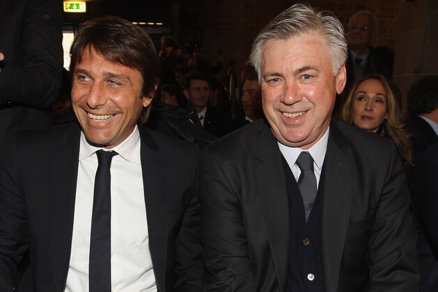 FLORENCE, ITALY - JANUARY 19:  (L-R) Italy head coach Antonio Conte and Real Madrid head coach Carlo Ancelotti attend the Italian Football Federation Hall of Fame Award ceremony at Palazzo Vecchio on January 19, 2015 in Florence, Italy.  (Photo by Paolo Bruno/Getty Images)
