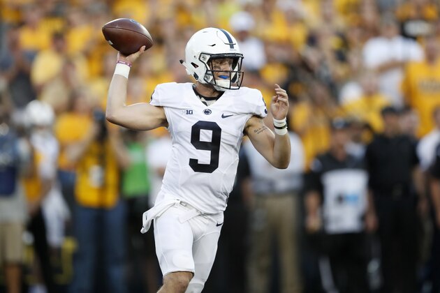 Penn State quarterback Trace McSorley throws during the first half of an NCAA college football game against Iowa Saturday, Sept. 23, 2017, in Iowa City, Iowa. (AP Photo/Jeff Roberson)