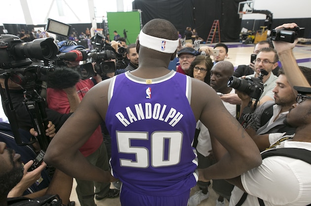 Sacramento Kings forward Zach Randolph talks to reporters during the NBA basketball team's media day Monday, Sept. 25, 2017, in Sacramento, Calif. Randolph, who played for the Memphis Grizzlies last season, signed a free-agent contact with the Kings during the offseason. (AP Photo/Rich Pedroncelli)