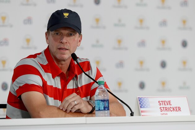 JERSEY CITY, NJ - SEPTEMBER 26:  Captain Steve Stricker of the United States Presidents Cup Team speaks to the media during a press conference prior to the Presidents Cup on September 26, 2017 at Liberty National Golf Club in Jersey City, New Jersey.  (Photo by Sam Greenwood/Getty Images)