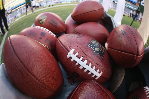 EAST RUTHERFORD, NJ - AUGUST 29:  General view of a bag of Footballs before the game between the New York Jets and the New York Giants at MetLife Stadium on August 29, 2015 in East Rutherford, New Jersey.  (Photo by Al Pereira/Getty Images for New York Jets)