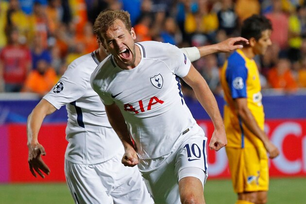 Tottenham Hotspur's English striker Harry Kane celebrates after scoring during the UEFA Champions League football match between Apoel FC and Tottenham Hotspur at the GSP Stadium in the Cypriot capital, Nicosia on September 26, 2017.  / AFP PHOTO / JACK GUEZ        (Photo credit should read JACK GUEZ/AFP/Getty Images)