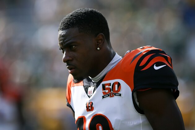 GREEN BAY, WI - SEPTEMBER 24:  A.J. Green #18 of the Cincinnati Bengals walks across the field before the game against the Green Bay Packers at Lambeau Field on September 24, 2017 in Green Bay, Wisconsin.  (Photo by Dylan Buell/Getty Images)