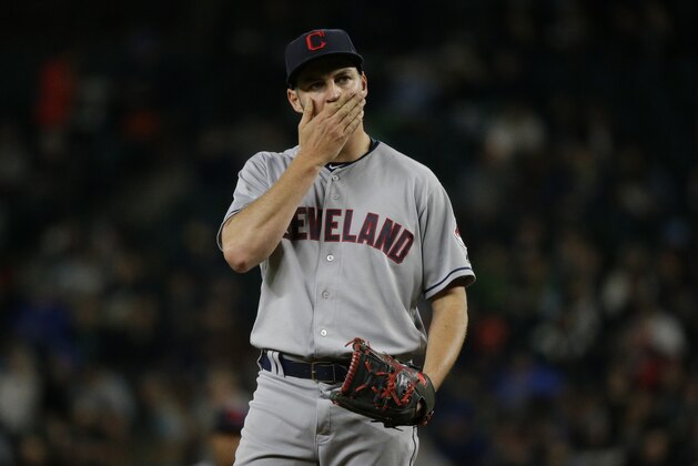 Cleveland Indians starting pitcher Trevor Bauer reacts on the mound during during a baseball game against the Seattle Mariners, Friday, Sept. 22, 2017, in Seattle. (AP Photo/Ted S. Warren)