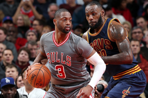 CHICAGO, IL - DECEMBER 2: Dwyane Wade #3 of the Chicago Bulls handles the ball during the game against LeBron James #23 of the Cleveland Cavaliers on December 2, 2016 at the United Center in Chicago, Illinois. NOTE TO USER: User expressly acknowledges and agrees that, by downloading and or using this Photograph, user is consenting to the terms and conditions of the Getty Images License Agreement. Mandatory Copyright Notice: Copyright 2016 NBAE (Photo by David Sherman/NBAE via Getty Images)