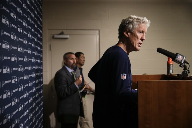 Seattle Seahawks head coach Pete Carroll answers questions during a news conference after an NFL football game against the Tennessee Titans Sunday, Sept. 24, 2017, in Nashville, Tenn. The Titans won 33-27. (AP Photo/James Kenney)
