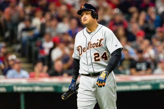 CLEVELAND, OH - SEPTEMBER 12: Miguel Cabrera #24 of the Detroit Tigers reacts after striking out during the fourth inning against the Cleveland Indians at Progressive Field on September 12, 2017 in Cleveland, Ohio. (Photo by Jason Miller/Getty Images)