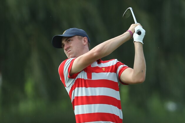 JERSEY CITY, NJ - SEPTEMBER 26:  Justin Thomas  of the United States Team plays a shot during a practice round prior to the Presidents Cup on September 26, 2017 at Liberty National Golf Club in Jersey City, New Jersey.  (Photo by Sam Greenwood/Getty Images)