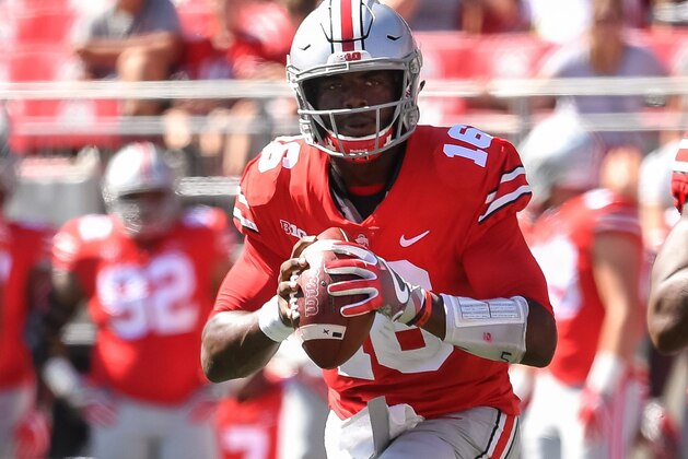 COLUMBUS, OH - SEPTEMBER 23:  Quarterback J.T. Barrett #16 of the Ohio State Buckeyes passes against the UNLV Rebels at Ohio Stadium on September 23, 2017 in Columbus, Ohio.  (Photo by Jamie Sabau/Getty Images)