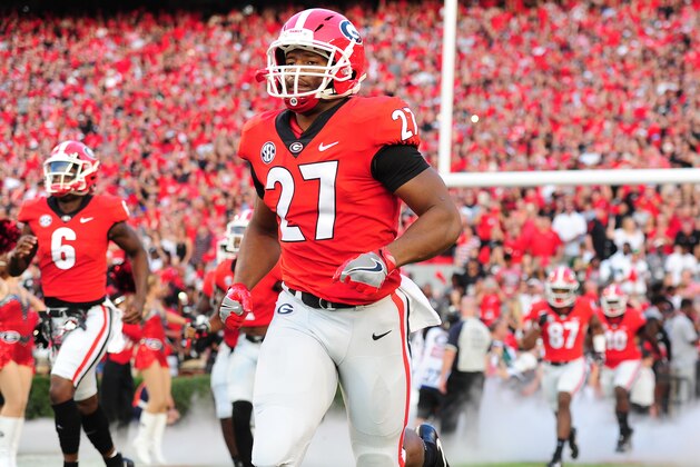 ATHENS, GA - SEPTEMBER 23: Nick Chubb #27 of the Georgia Bulldogs takes the field before the game against the Mississippi State Bulldogs at Sanford Stadium on September 23, 2017 in Athens, Georgia. (Photo by Scott Cunningham/Getty Images)