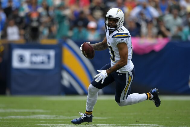 Los Angeles Chargers wide receiver Keenan Allen runs the ball during an NFL football game against the Miami Dolphins, Sunday, Sept. 17, 2017, in Carson, Calif. (AP Photo/Mark J. Terrill)