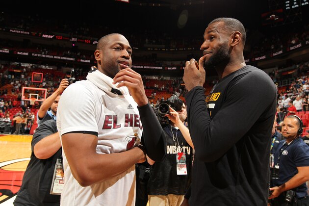 MIAMI, FL - MARCH 19:  Dwyane Wade #3 of the Miami Heat and LeBron James #23 of the Cleveland Cavaliers are seen after the game on March 19, 2016 at AmericanAirlines Arena in Miami, Florida. NOTE TO USER: User expressly acknowledges and agrees that, by downloading and or using this Photograph, user is consenting to the terms and conditions of the Getty Images License Agreement. Mandatory Copyright Notice: Copyright 2015 NBAE (Photo by Issac Baldizon/NBAE via Getty Images)