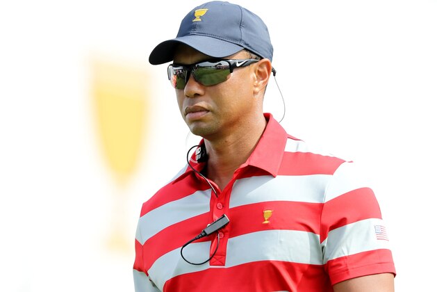JERSEY CITY, NJ - SEPTEMBER 26:  Assistant captain Tiger Woods of the United states looks on during a practice round prior to the Presidents Cup  on September 26, 2017 at Liberty National Golf Club in Jersey City, New Jersey.  (Photo by Elsa/Getty Images)