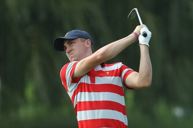 JERSEY CITY, NJ - SEPTEMBER 26:  Justin Thomas  of the United States Team plays a shot during a practice round prior to the Presidents Cup on September 26, 2017 at Liberty National Golf Club in Jersey City, New Jersey.  (Photo by Sam Greenwood/Getty Images)