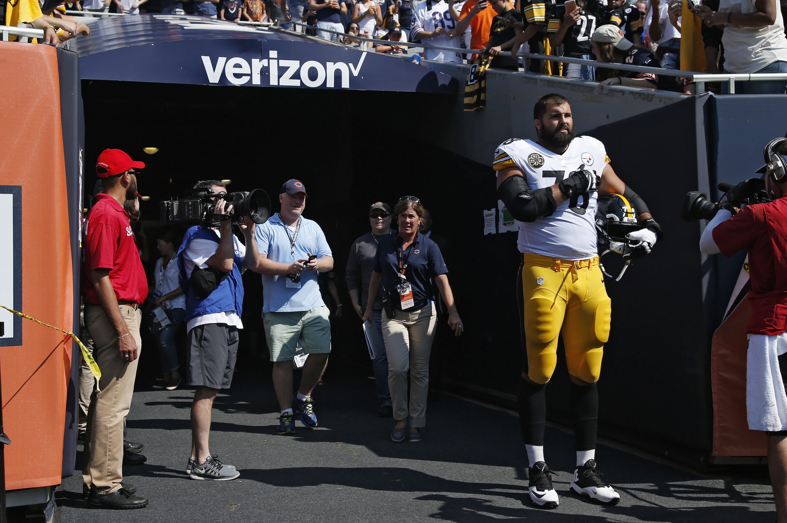 CHICAGO, IL - SEPTEMBER 24: Alejandro Villanueva #78 of the Pittsburgh Steelers stands by himself in the team's tunnel during the national anthem prior to a game against the Chicago Bears at Soldier Field on September 24, 2017 in Chicago, Illinois. Villanueva, a former Army Ranger who served terms in Afghanistan, was the lone Steeler to appear during the anthem. The Bears won 23-17 in overtime. (Photo by Joe Robbins/Getty Images)